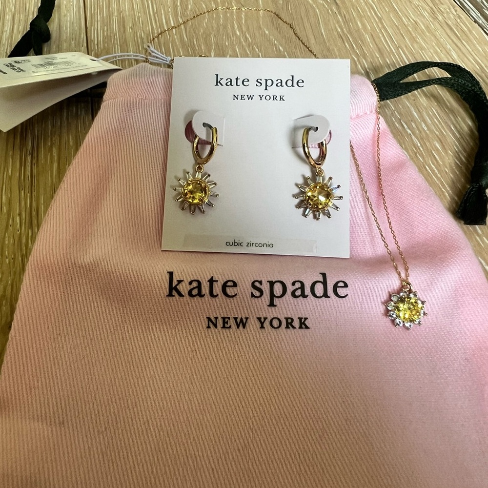 Kate Spade Yellow Sunny Huggies Crystal Drop Earrings and Necklace Set NWT